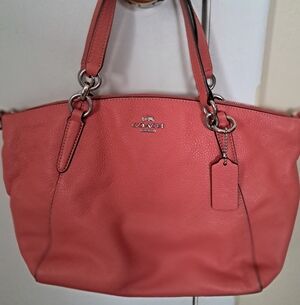 Coach Coral-Peach Pebbled Leather Satchel with Silver Hardware